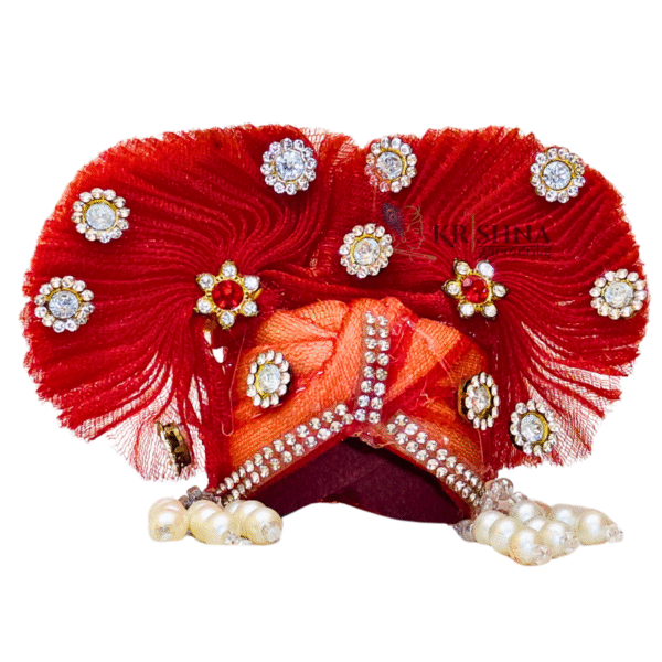 Red Laddu Gopal Mukut with Stones & Pearls | Krishna Garments - Image 2